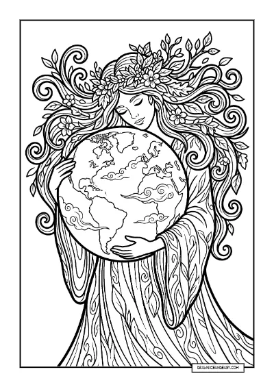 Mother Nature Embracing Earth - Goddess Coloring Page coloring page preview