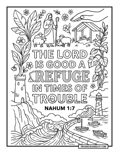 Nahum 1:7 The Lord is Good Bible Verse Coloring Page coloring page preview