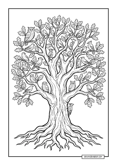 Oak Tree with Birds - Woodland Habitat Coloring Page coloring page preview