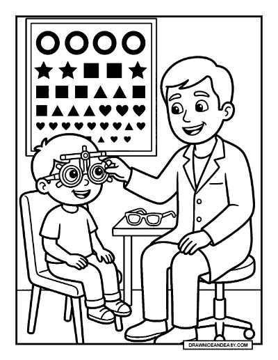 Optometrist Eye Exam Community Helpers Coloring Page coloring page preview