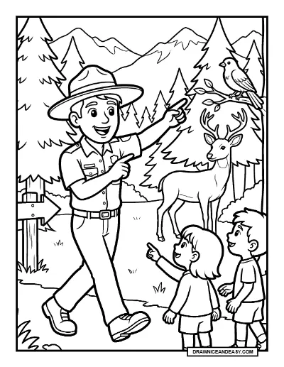 Park Ranger Teaching Kids About Nature Coloring Page coloring page preview