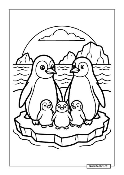 Penguin Family on Ice - Arctic Wildlife Coloring Page coloring page preview