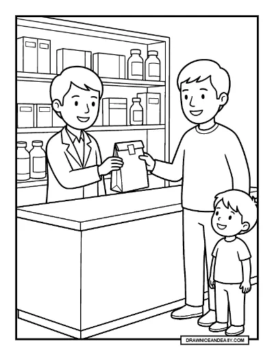 Pharmacist Helping a Parent Community Helper Coloring Page coloring page preview