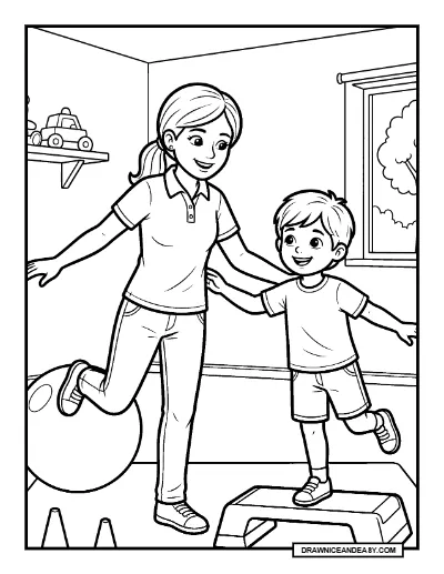 Physical Therapist Helping a Child Exercise Coloring Page coloring page preview