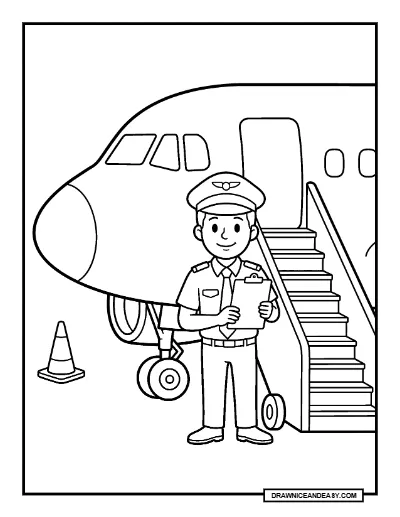Pilot Preparing a Passenger Airplane Community Helpers Coloring Page coloring page preview