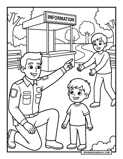 Police Officer Helping a Lost Child Coloring Page coloring page preview