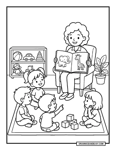 Preschool Teacher Reading a Story Coloring Page coloring page preview