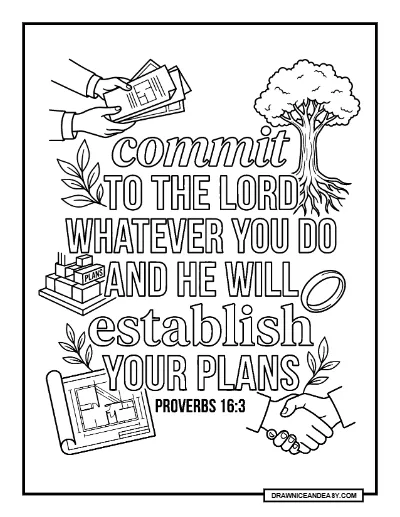 Proverbs 16:3 Commit to the Lord Bible Verse Coloring Page coloring page preview