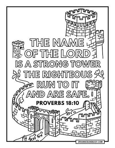 Proverbs 18:10 The Name of the Lord is a Strong Tower Bible Verse Coloring Page coloring page preview