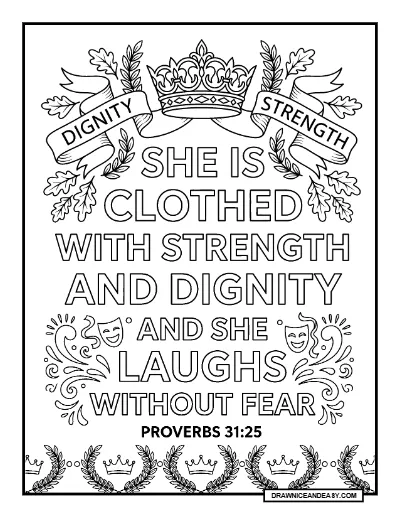 Proverbs 31:25 She Is Clothed With Strength Bible Verse Coloring Page coloring page preview