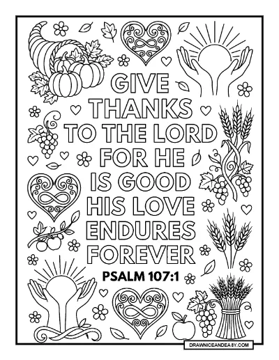 Psalm 107:1 Give Thanks to the Lord Bible Verse Coloring Page coloring page preview