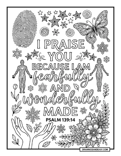Psalm 139:14 I Am Fearfully and Wonderfully Made Bible Verse Coloring Page coloring page preview