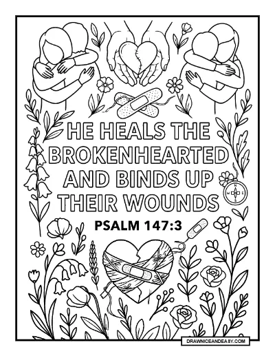 Psalm 147:3 He Heals the Brokenhearted Bible Verse Coloring Page coloring page preview