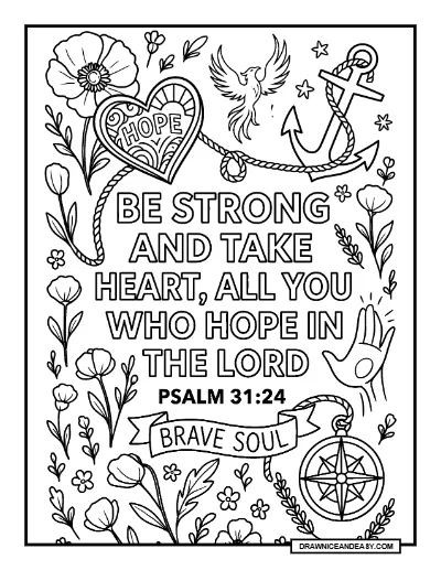 Psalm 31:24 Be Strong and Courageous Bible Verse Coloring Page coloring page preview