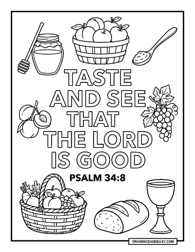 Psalm 34:8 Taste and See Bible Verse Coloring Page coloring page preview