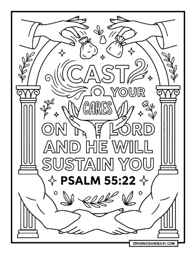 Psalm 55:22 Cast Your Burden on the Lord Bible Verse Coloring Page coloring page preview