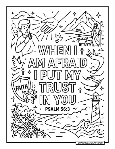 Psalm 56:3 When I Am Afraid Bible Verse Coloring Page coloring page preview