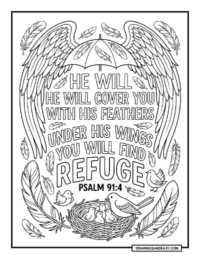 Psalm 91:4 He Will Cover You With His Feathers Bible Verse Coloring Page coloring page preview