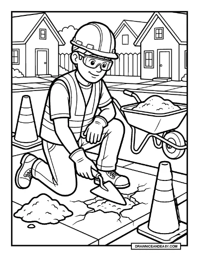 Public Works Worker Repairing Sidewalk Community Helpers Coloring Page coloring page preview