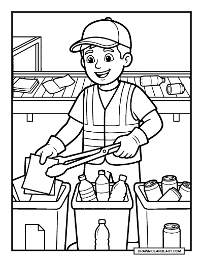 Recycling Worker Sorting Materials Community Helpers Coloring Page coloring page preview