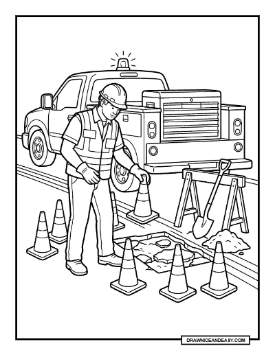 Road Worker Placing Safety Cones Community Helpers Coloring Page coloring page preview
