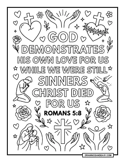 Romans 5:8 God Demonstrates His Love Bible Verse Coloring Page coloring page preview