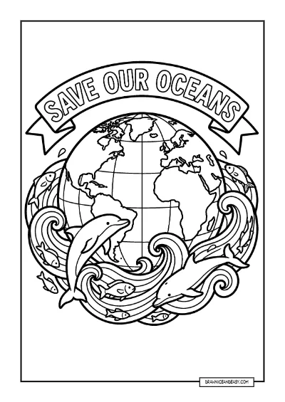Save Our Oceans - Globe Marine Conservation Poster coloring page preview