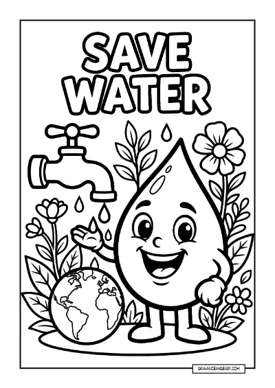 Save Water Drop and Faucet - Water Conservation Page coloring page preview