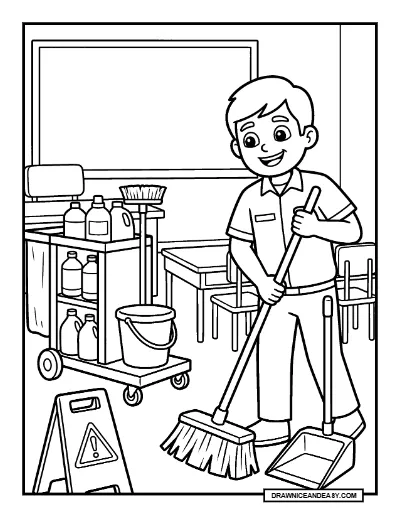 School Custodian Cleaning a Classroom Coloring Page coloring page preview