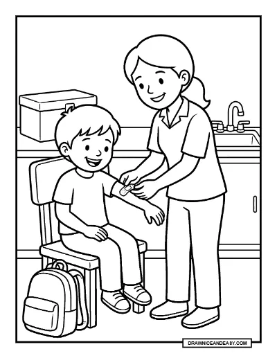 School Nurse Helping a Student Coloring Page coloring page preview