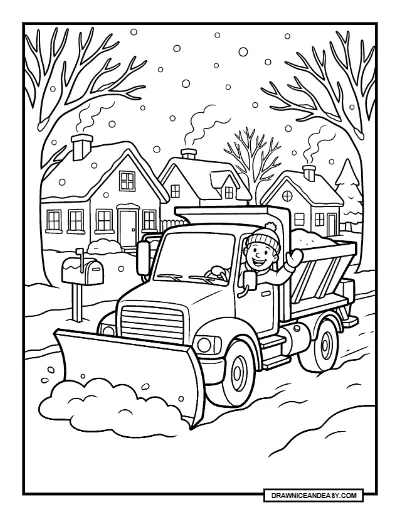 Snowplow Driver Clearing a Street Community Helper Coloring Page coloring page preview