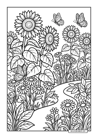 Sunflower and Butterfly Garden - Nature Scene Coloring coloring page preview