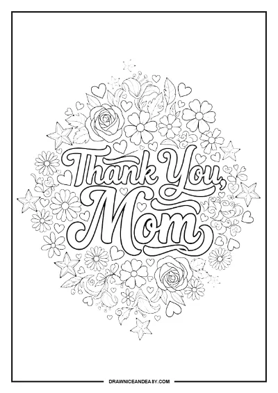 Thank You Mom Floral Mother's Day Coloring Page Free Printable PDF coloring page preview