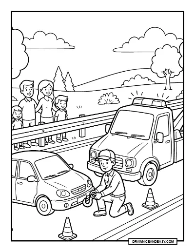 Tow Truck Driver Helping a Stranded Family Coloring Page coloring page preview