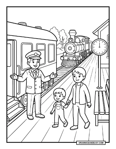 Train Conductor Welcoming Passengers Community Helper Coloring Page coloring page preview