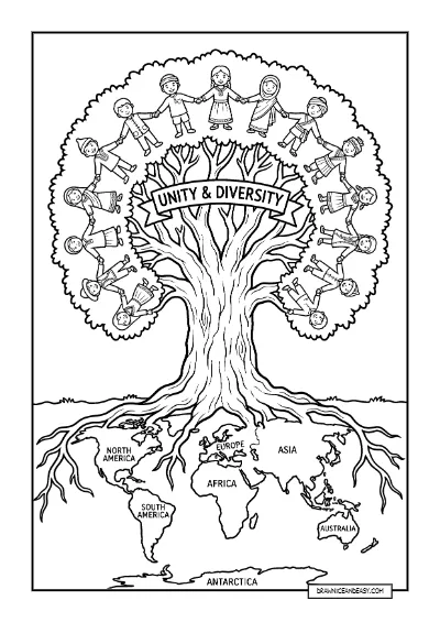 Tree of Unity - Children Diversity Global Connection coloring page preview