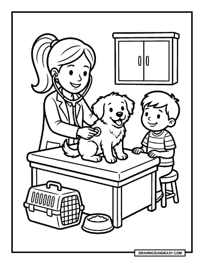 Veterinarian Caring for a Puppy Community Helpers Coloring Page coloring page preview
