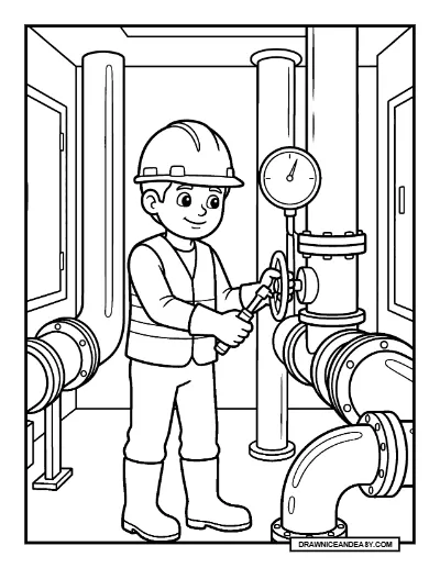 Water Utility Worker Inspecting Pipes Community Helpers Coloring Page coloring page preview