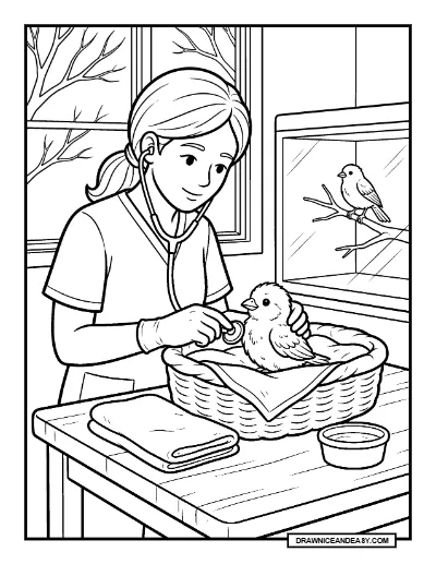 Wildlife Rehabilitator Caring for a Bird Coloring Page coloring page preview