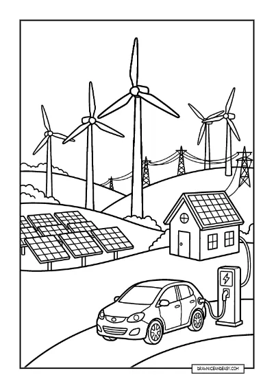 Wind Turbines and Solar Panels - Clean Energy Page coloring page preview