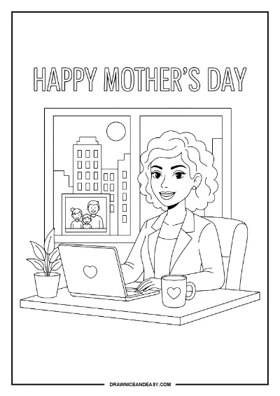 Working Mom Home Office Mother's Day Coloring Page Free Printable PDF coloring page preview