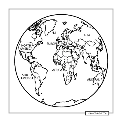 World Map - Continents and Countries Educational Page coloring page preview